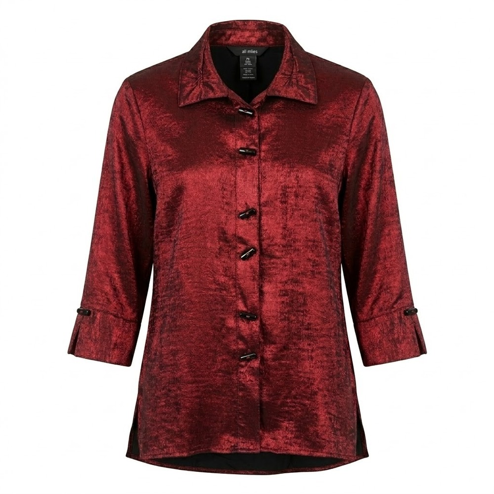 NEW Ali Miles Petite Large Red‎ Textured Metallic Toggle Button Down Shirt